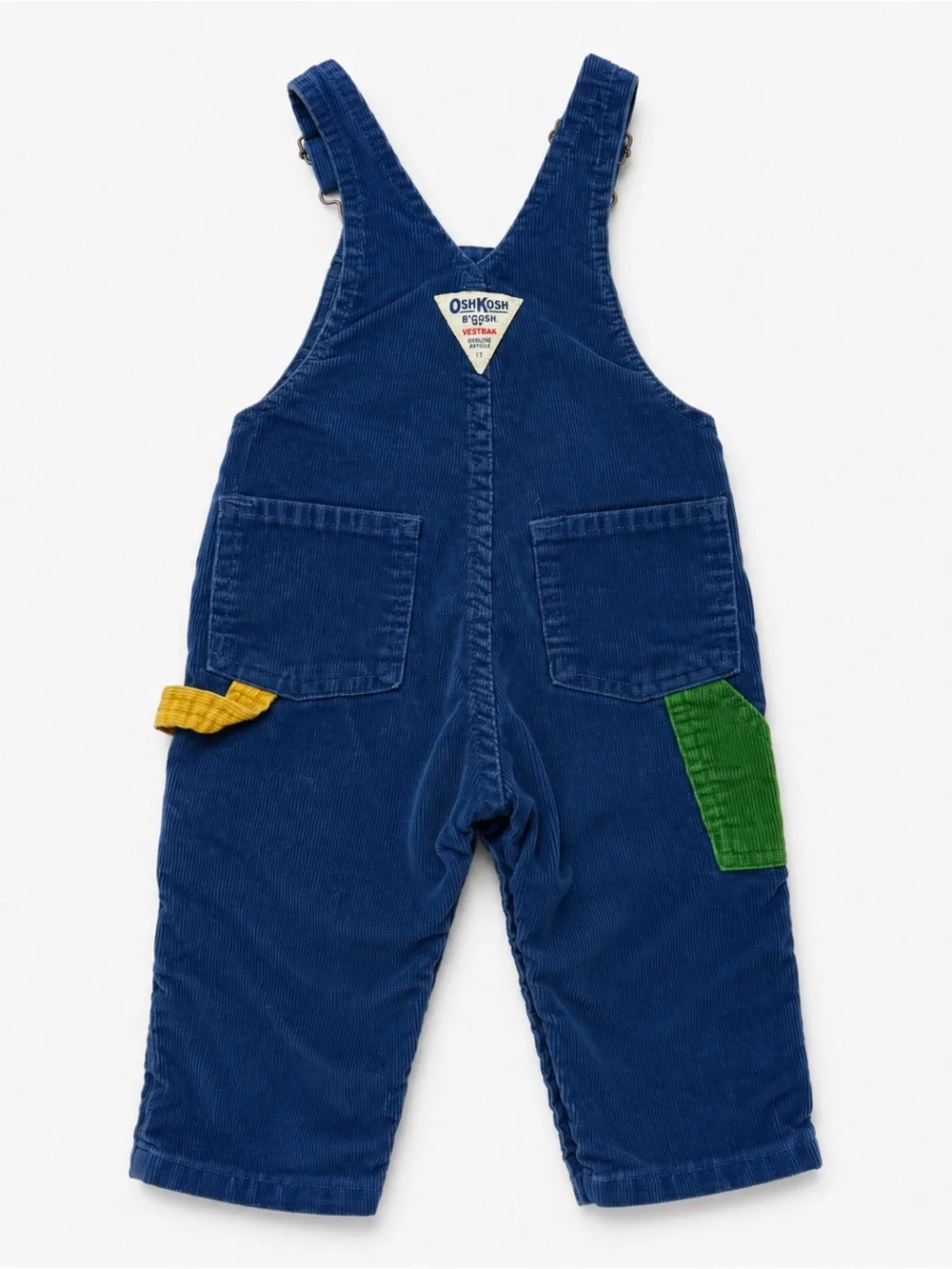 Vintage OshKosh B’Gosh USA Blue Corduroy Overalls Baby 12M Color Block Snap Leg